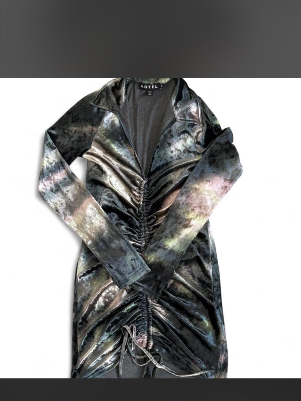 Motel Rocks Multi-Color Marble Velvet Long Sleeve Ruched Dress - Picture 4 of 5